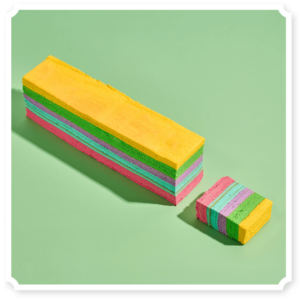chempiyen (strawberry, Blueberry & Cheese) distinct, even layers in yellow, green, pink, purple, and blue, arranged in a repeating pattern